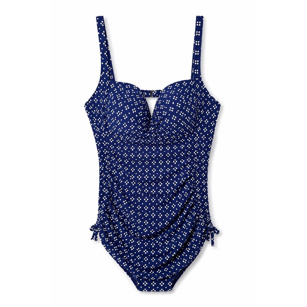 Tahiti Women’s One Piece Wireless Shirred Waist Swim Suit Polka Dot Size Large